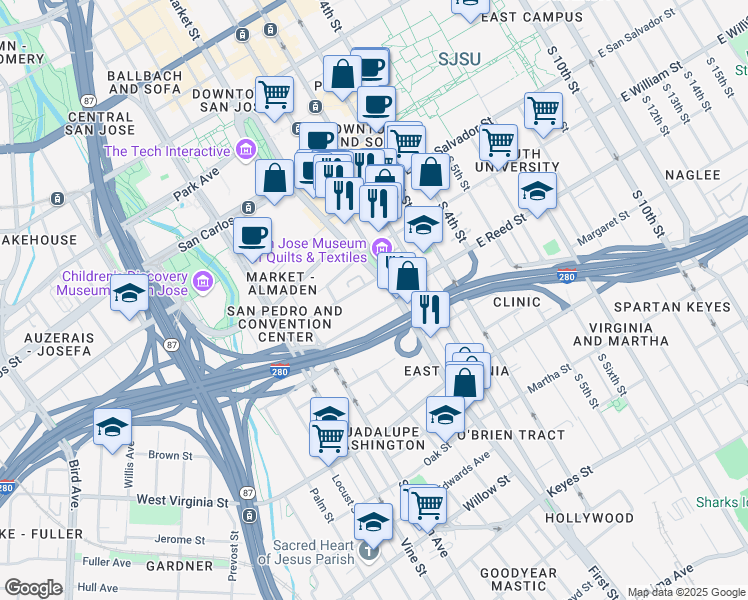 map of restaurants, bars, coffee shops, grocery stores, and more near 60 Pierce Avenue in San Jose