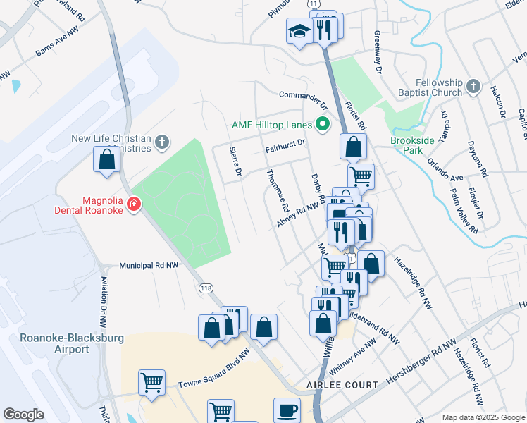 map of restaurants, bars, coffee shops, grocery stores, and more near 5728 Littleton Road in Roanoke