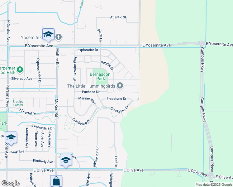 map of restaurants, bars, coffee shops, grocery stores, and more near 3634 Jardin Way in Merced