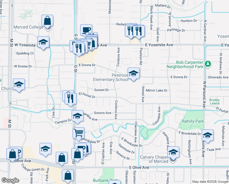 map of restaurants, bars, coffee shops, grocery stores, and more near 582 Sunset Drive in Merced