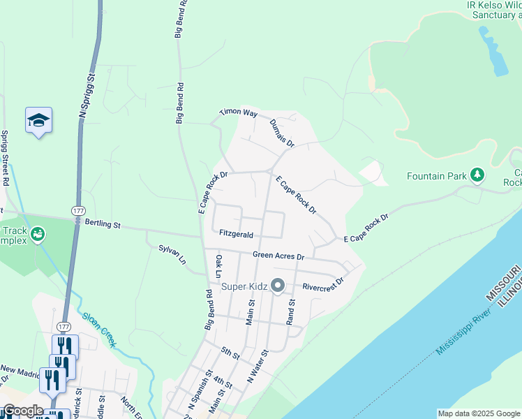 map of restaurants, bars, coffee shops, grocery stores, and more near 1803 Main Street in Cape Girardeau