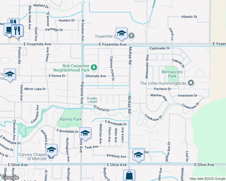 map of restaurants, bars, coffee shops, grocery stores, and more near 1994 Pinehurst Drive in Merced