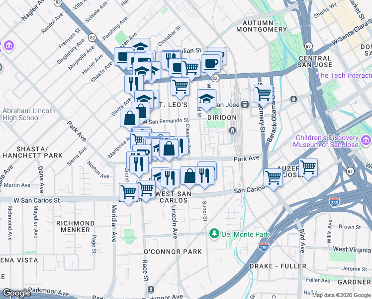 map of restaurants, bars, coffee shops, grocery stores, and more near 158 South Morrison Avenue in San Jose