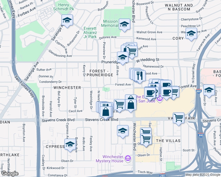 map of restaurants, bars, coffee shops, grocery stores, and more near 2575 Forest Avenue in San Jose