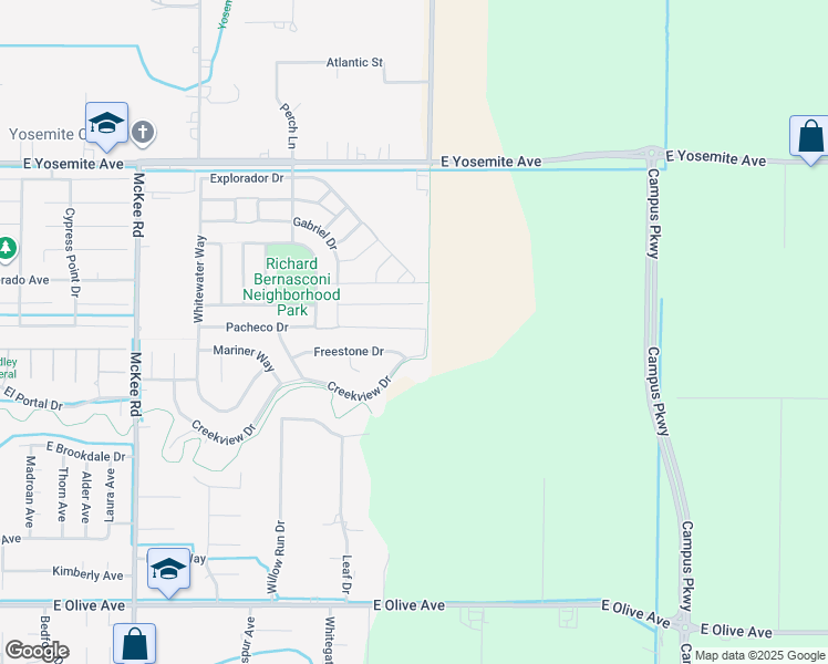 map of restaurants, bars, coffee shops, grocery stores, and more near 2479 Bastidas Drive in Merced