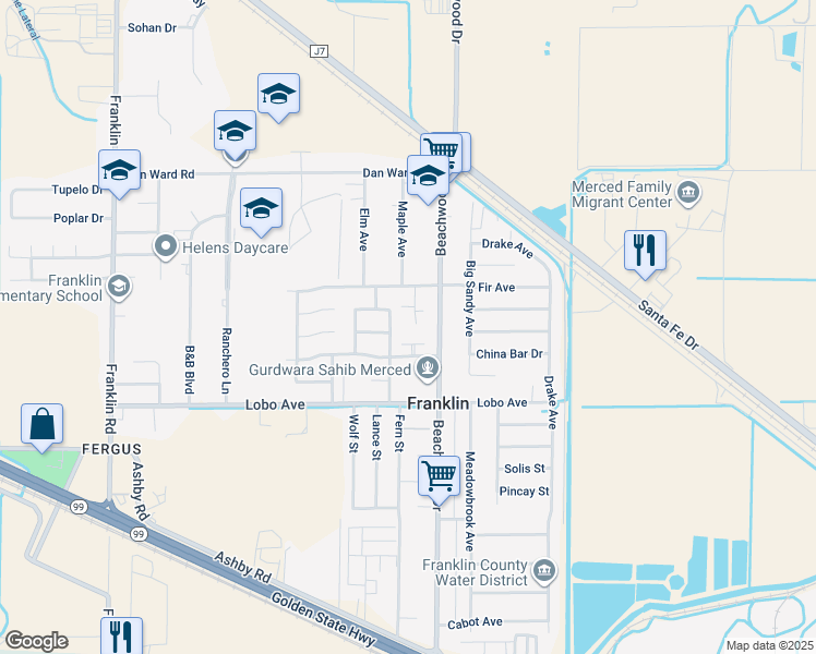 map of restaurants, bars, coffee shops, grocery stores, and more near 2706 Peppertree Drive in Merced