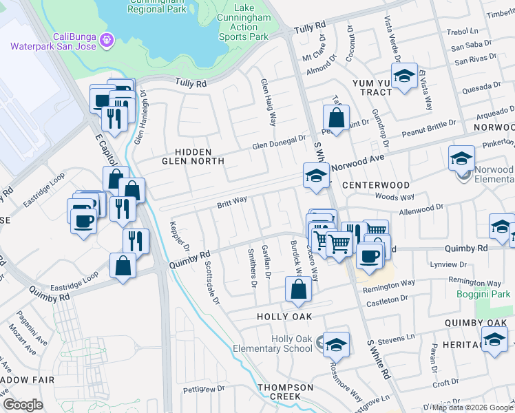 map of restaurants, bars, coffee shops, grocery stores, and more near 2615 Britt Way in San Jose