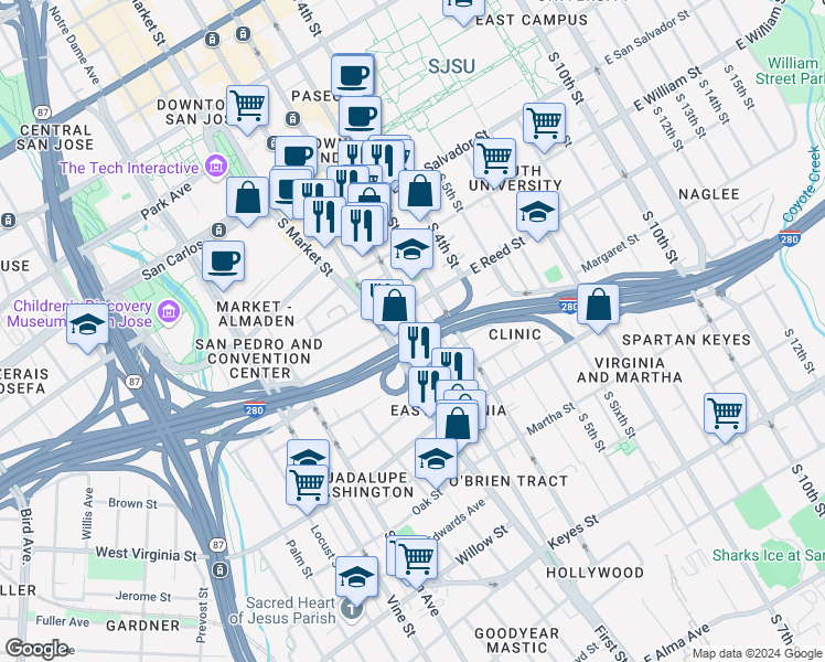 map of restaurants, bars, coffee shops, grocery stores, and more near 600 South 2nd Street in San Jose