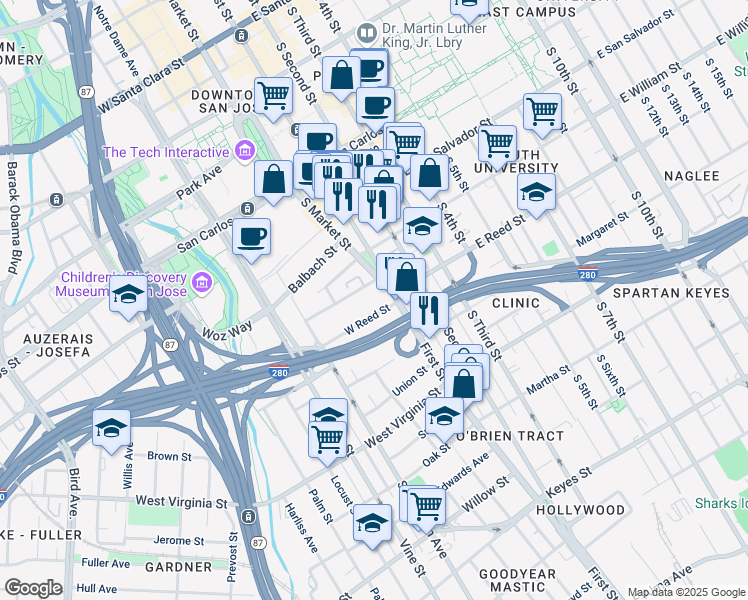 map of restaurants, bars, coffee shops, grocery stores, and more near 584s South 1st Street in San Jose
