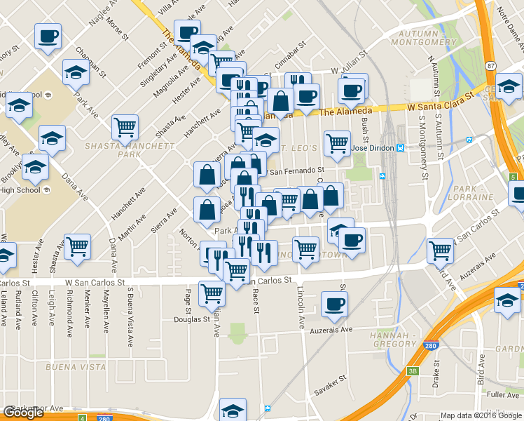 map of restaurants, bars, coffee shops, grocery stores, and more near in San Jose