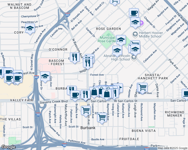 map of restaurants, bars, coffee shops, grocery stores, and more near 238 Topeka Avenue in San Jose