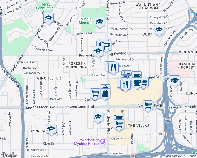 map of restaurants, bars, coffee shops, grocery stores, and more near 2539 Forest Avenue in San Jose