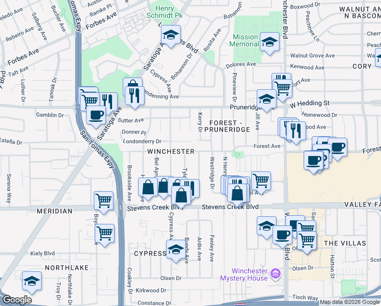 map of restaurants, bars, coffee shops, grocery stores, and more near 3374 Londonderry Place in Santa Clara