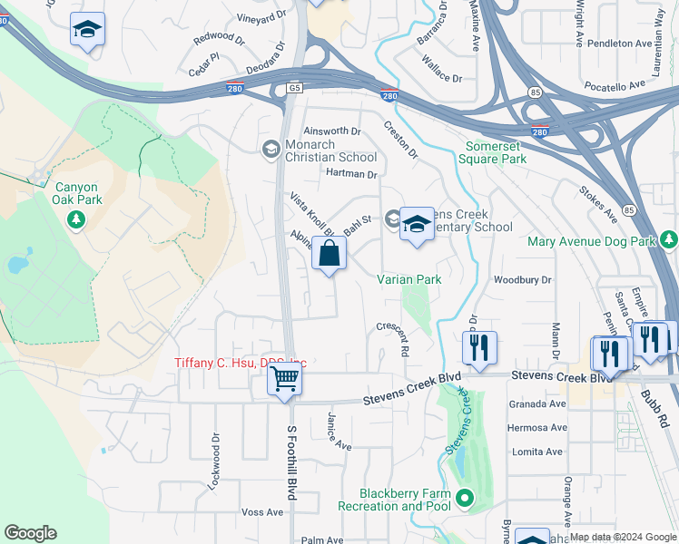 map of restaurants, bars, coffee shops, grocery stores, and more near 10296 Alpine Drive in Cupertino
