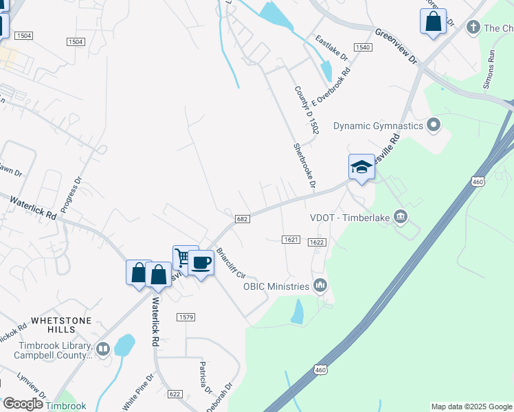map of restaurants, bars, coffee shops, grocery stores, and more near 54-68 Lynx Drive in Timberlake