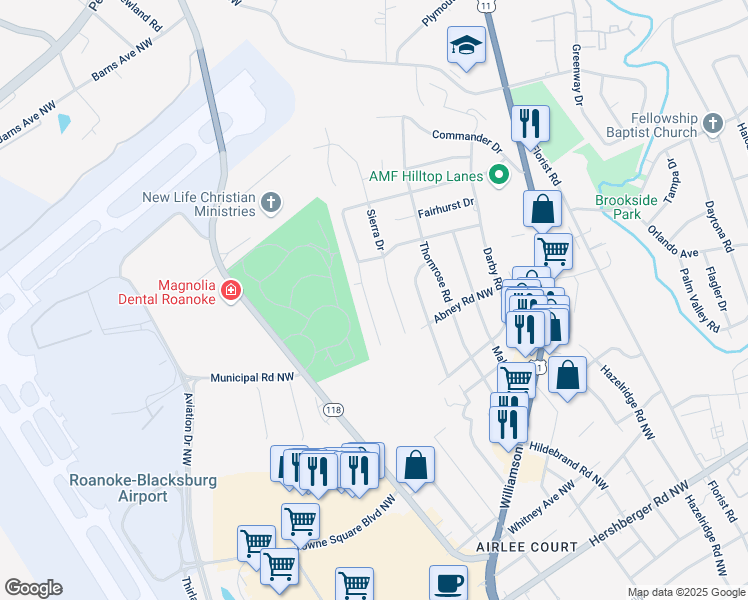 map of restaurants, bars, coffee shops, grocery stores, and more near 5762 Sierra Drive in Roanoke