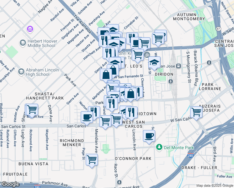 map of restaurants, bars, coffee shops, grocery stores, and more near 1080 Eugene Avenue in San Jose