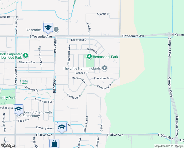 map of restaurants, bars, coffee shops, grocery stores, and more near 2382 Pacheco Drive in Merced