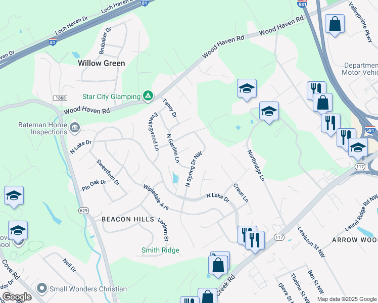 map of restaurants, bars, coffee shops, grocery stores, and more near 5210 Oakmont Circle in Roanoke