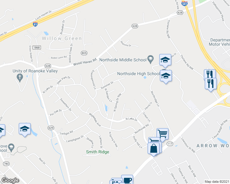 map of restaurants, bars, coffee shops, grocery stores, and more near 5210 Oakmont Circle in Roanoke