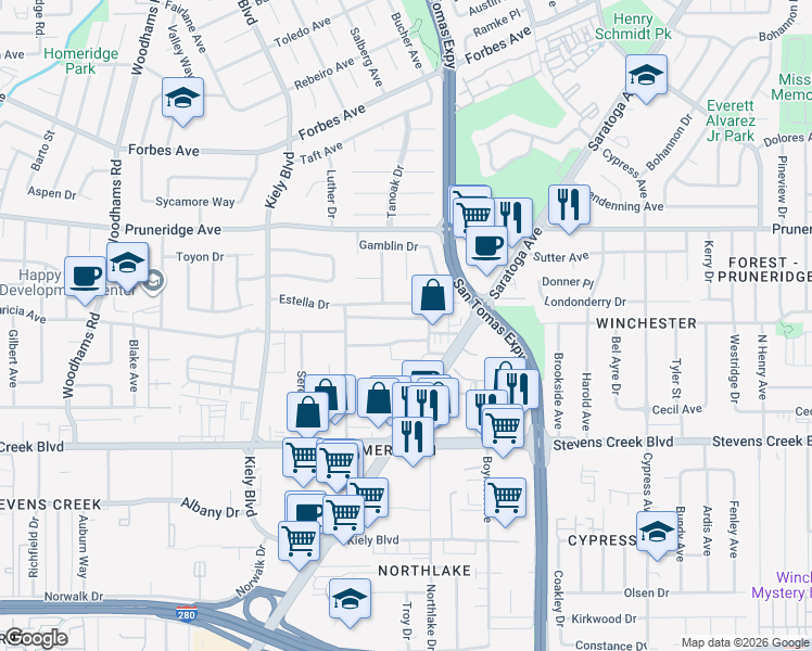 map of restaurants, bars, coffee shops, grocery stores, and more near 150 Saratoga Avenue in Santa Clara