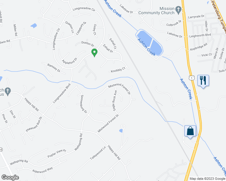 map of restaurants, bars, coffee shops, grocery stores, and more near 14310 Eagle Rock Avenue in Chester
