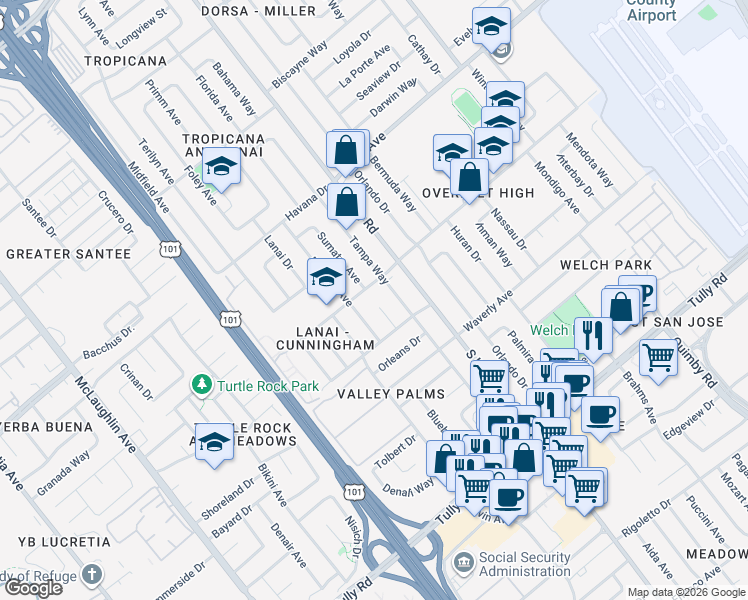map of restaurants, bars, coffee shops, grocery stores, and more near 2050 Palm Beach Way in San Jose