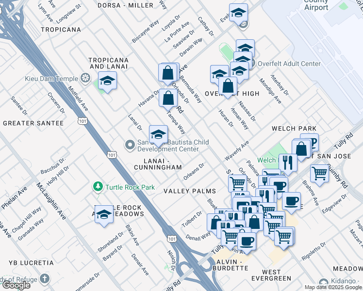 map of restaurants, bars, coffee shops, grocery stores, and more near 2050 Palm Beach Way in San Jose