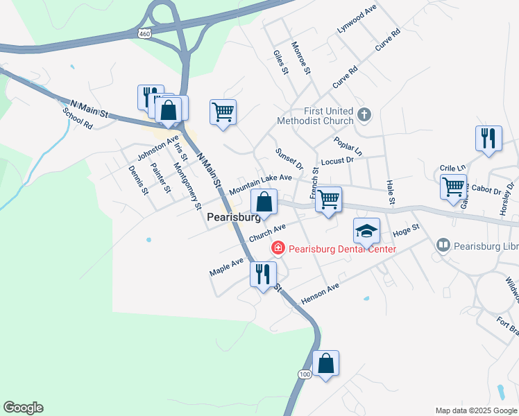 map of restaurants, bars, coffee shops, grocery stores, and more near 605 Wenonah Avenue in Pearisburg