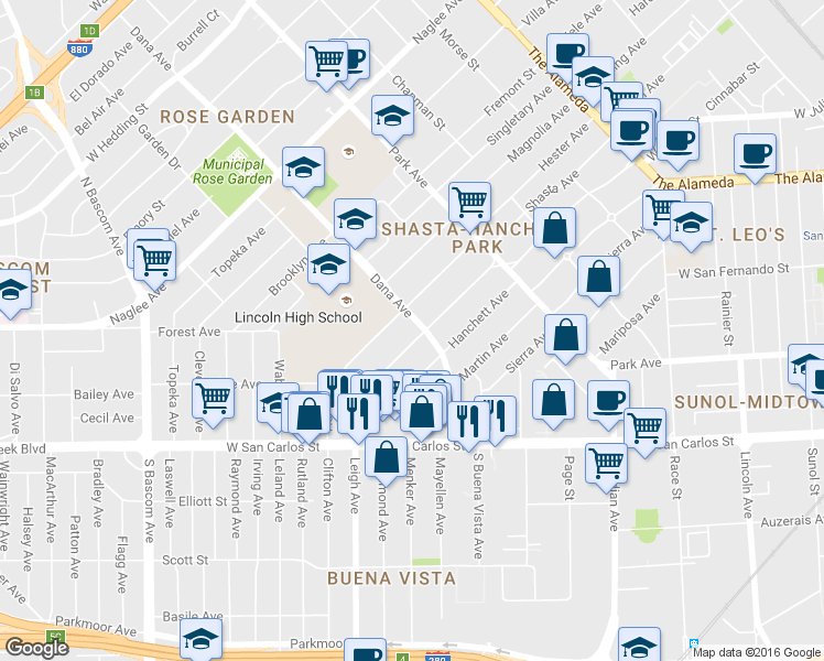 map of restaurants, bars, coffee shops, grocery stores, and more near 1586 Hester Avenue in San Jose