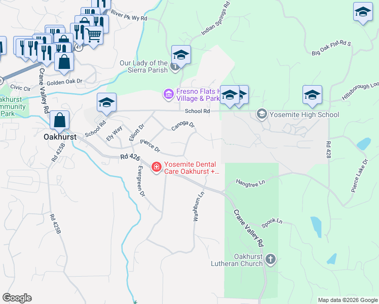 map of restaurants, bars, coffee shops, grocery stores, and more near 49852 Pierce Drive in Oakhurst