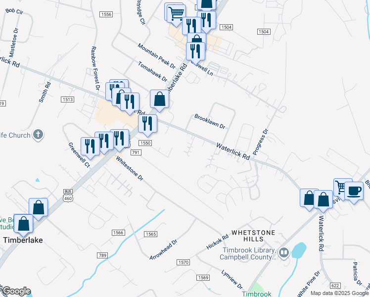 map of restaurants, bars, coffee shops, grocery stores, and more near 61 Lynette Drive in Lynchburg
