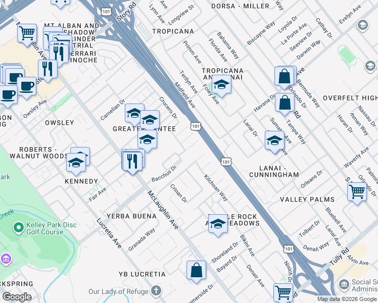 map of restaurants, bars, coffee shops, grocery stores, and more near 1417 Darwin Court in San Jose