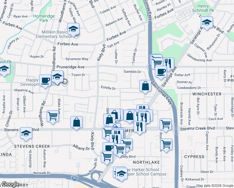 map of restaurants, bars, coffee shops, grocery stores, and more near 2731 Mauricia Avenue in Santa Clara
