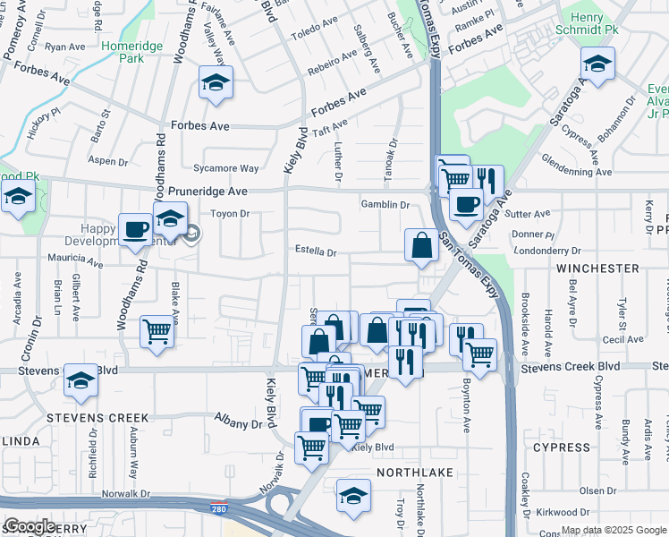 map of restaurants, bars, coffee shops, grocery stores, and more near 2726 Estella Drive in Santa Clara