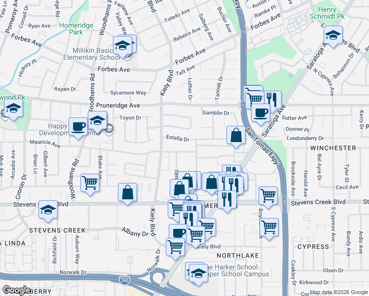 map of restaurants, bars, coffee shops, grocery stores, and more near 2726 Estella Drive in Santa Clara