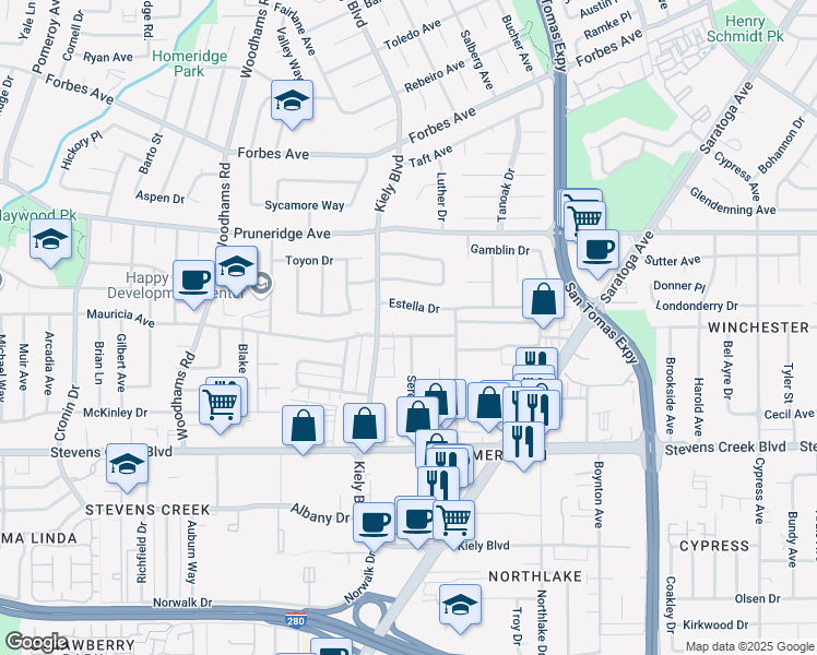 map of restaurants, bars, coffee shops, grocery stores, and more near 2786 Estella Drive in Santa Clara