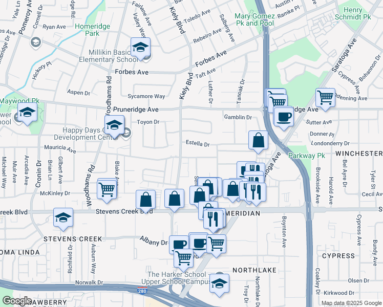 map of restaurants, bars, coffee shops, grocery stores, and more near 2786 Estella Drive in Santa Clara