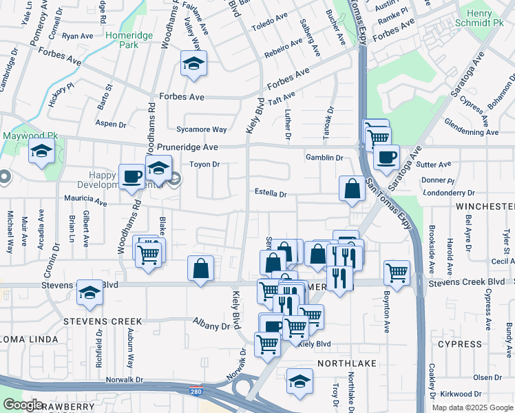 map of restaurants, bars, coffee shops, grocery stores, and more near 2786 Estella Drive in Santa Clara
