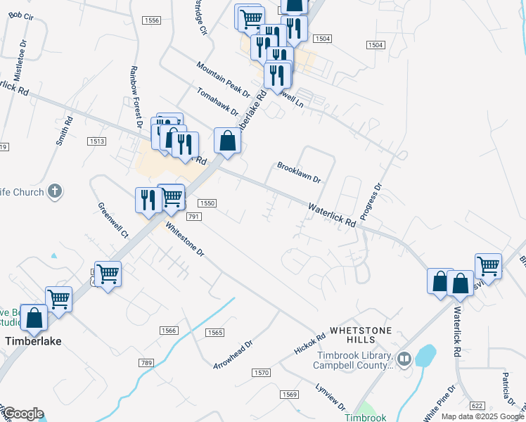 map of restaurants, bars, coffee shops, grocery stores, and more near 61 Lynette Drive in Lynchburg