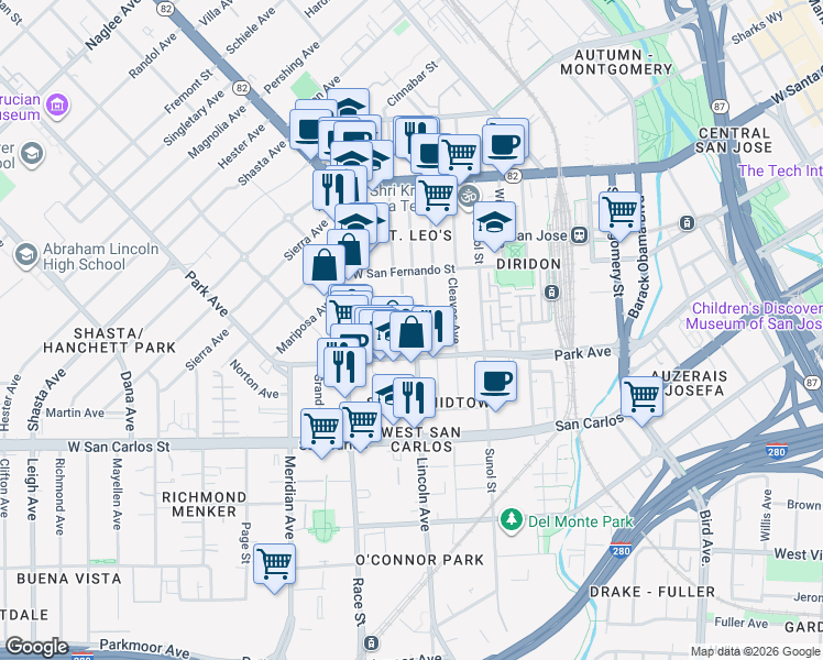 map of restaurants, bars, coffee shops, grocery stores, and more near 169 Rainier Street in San Jose
