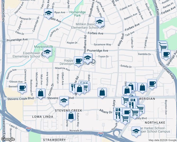 map of restaurants, bars, coffee shops, grocery stores, and more near 220 Blake Avenue in Santa Clara