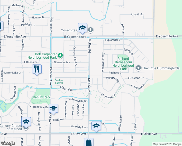 map of restaurants, bars, coffee shops, grocery stores, and more near 3398 McKee Road in Merced