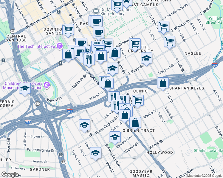map of restaurants, bars, coffee shops, grocery stores, and more near 2 South Second Street in San Jose