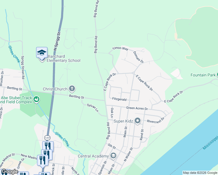 map of restaurants, bars, coffee shops, grocery stores, and more near 607 Cape Meadows Circle in Cape Girardeau