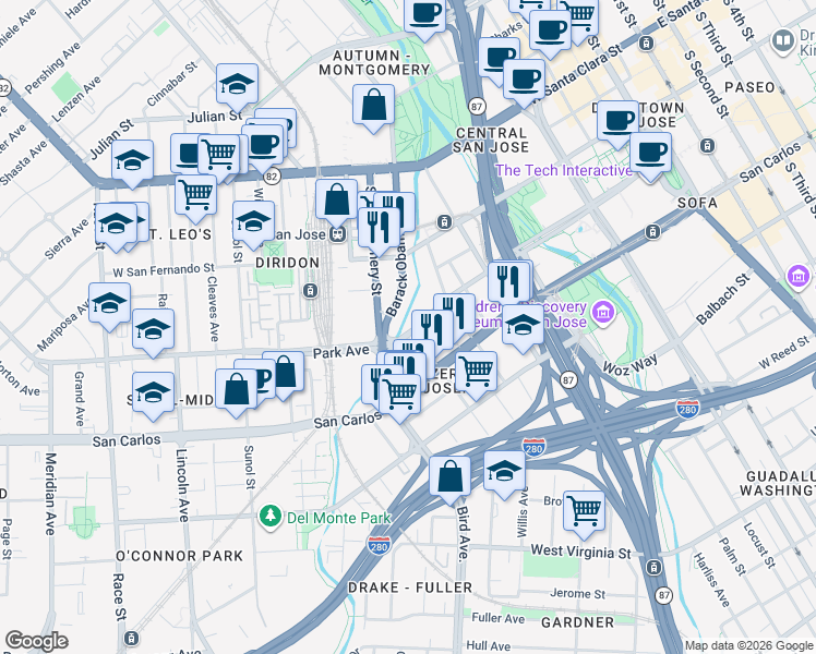 map of restaurants, bars, coffee shops, grocery stores, and more near 499 Park Avenue in San Jose