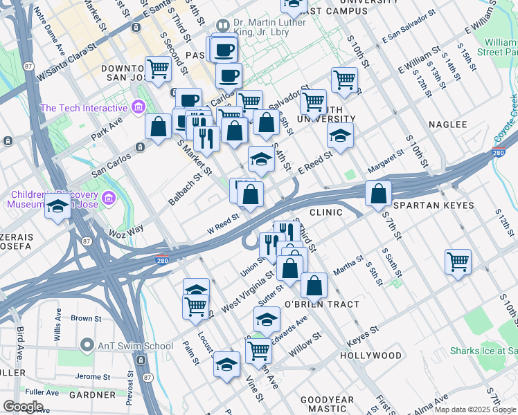 map of restaurants, bars, coffee shops, grocery stores, and more near 600 South 2nd Street in San Jose
