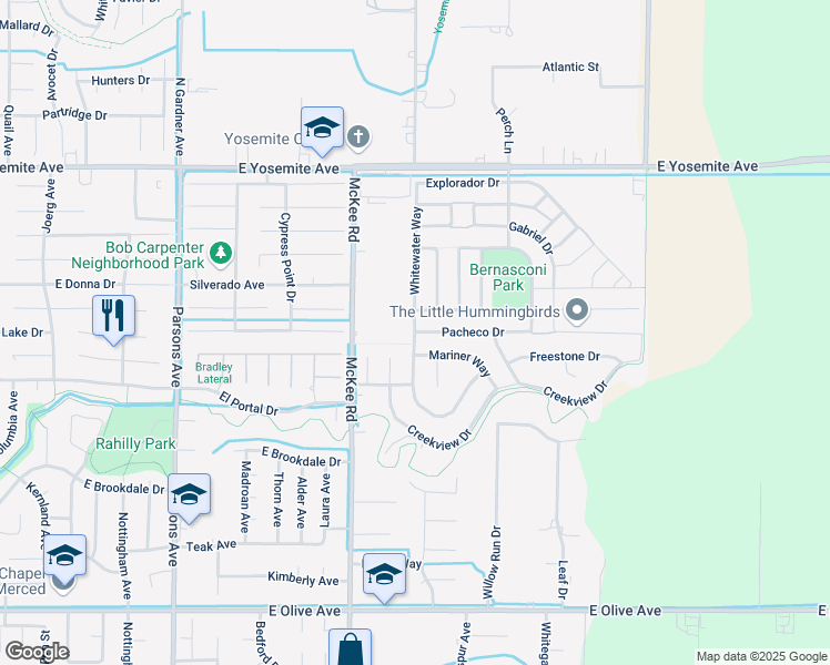 map of restaurants, bars, coffee shops, grocery stores, and more near 3624 Whitewater Way in Merced