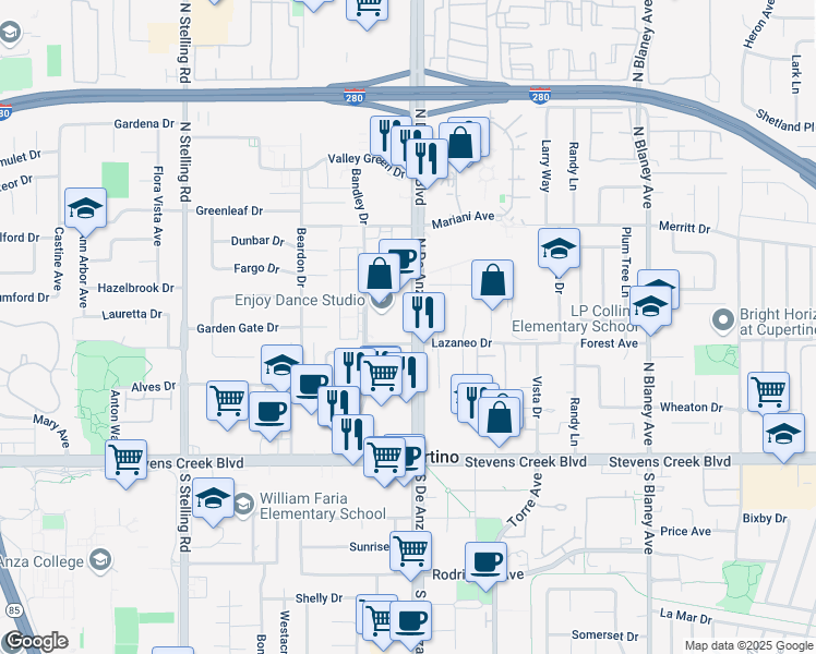 map of restaurants, bars, coffee shops, grocery stores, and more near 10275 North De Anza Boulevard in Cupertino