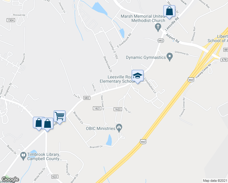map of restaurants, bars, coffee shops, grocery stores, and more near 19807 Leesville Rd in Lynchburg